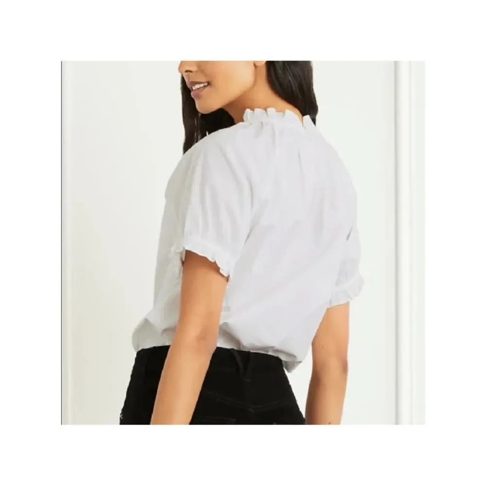 Hill House The Kit Ruffled Neck Short Sleeve Blouse White size medium